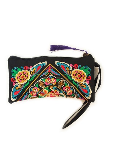 Pochette nera ricamata con fiori - viola