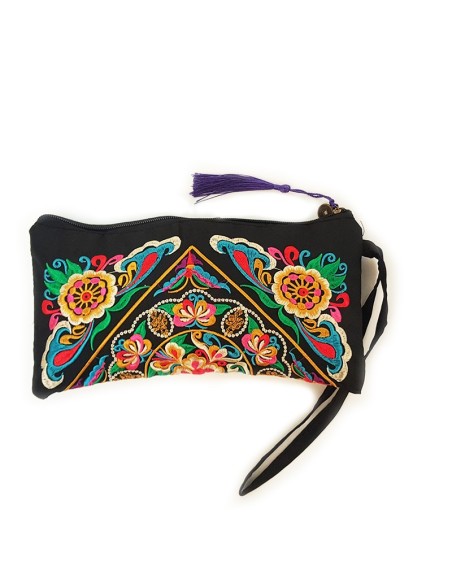 Black clutch bag embroidered with flowers - purple