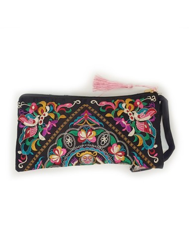 Black pouch with embroidered face motif - pink