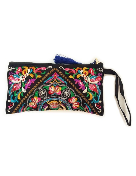 Black clutch bag with embroidered face motif - blue