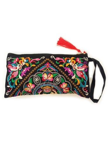 Black clutch bag with embroidered face motif - red