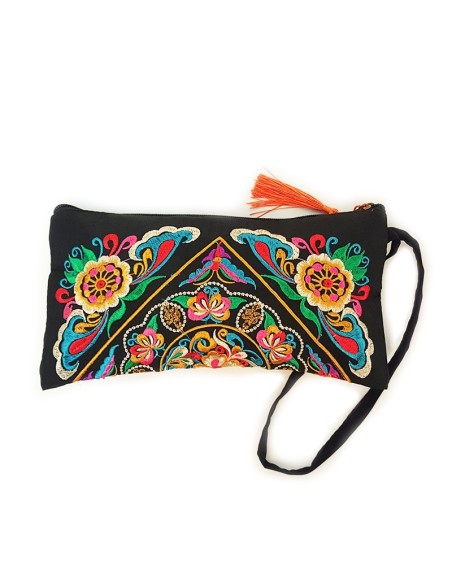 Bolsa de tela negra bordada con flores - naranja