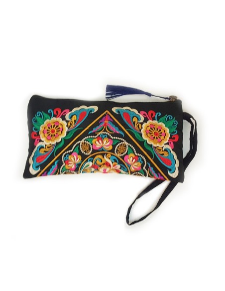 Black clutch bag embroidered with flowers - blue