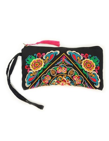 Black clutch bag embroidered with flowers - pink