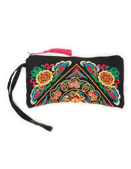 Pochette nera ricamata con fiori - rosa