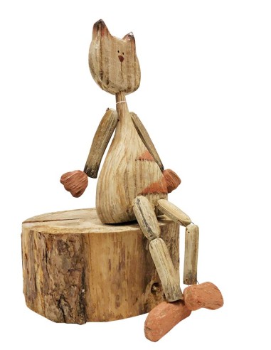 Seated wooden cat with articulated legs