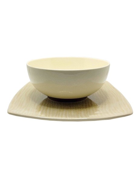 Beige ceramic dinnerware set - elegant bowl & square plate