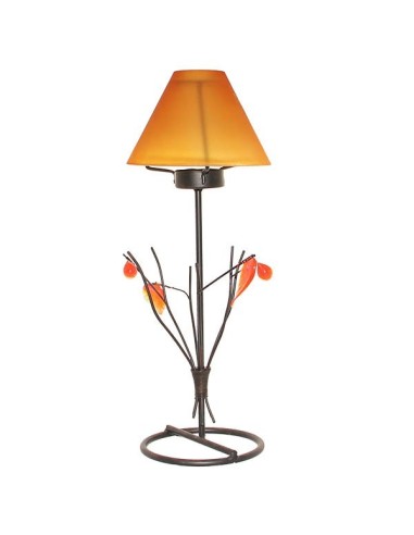 Wrought iron candleholder with leaves and orange glass