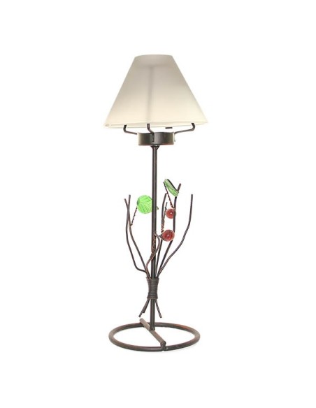 Wrought iron candleholder with green-leaf fruit and white glass