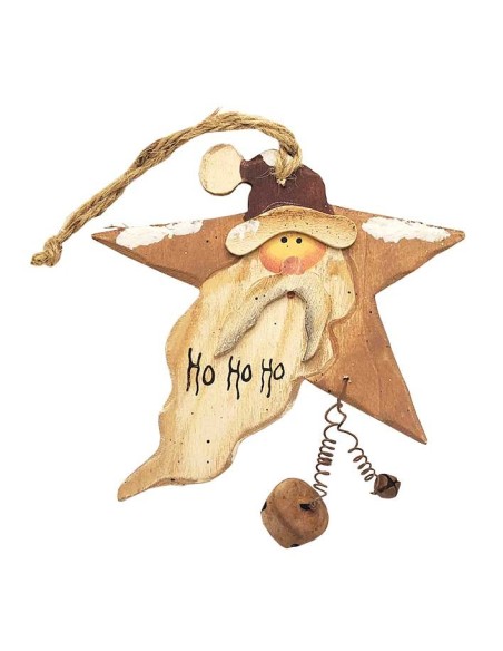 Wooden star Father Christmas with bells - Fir tree decoration